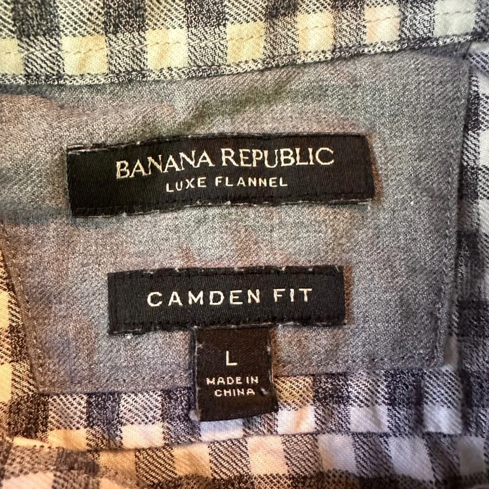 Banana Republic Luxe Flannel Button Up Mens L Camden Fit Gingham Grey Casual